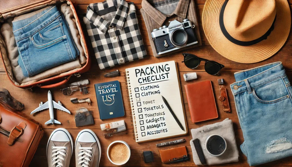 A top-down view of a traveler's packing guide and checklist with essential travel items, including clothing, toiletries, gadgets, and accessories.