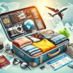 A visually appealing travel-themed image featuring an open suitcase with neatly packed clothes, travel essentials, and gadgets.