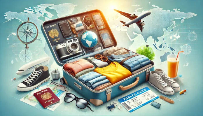 A visually appealing travel-themed image featuring an open suitcase with neatly packed clothes, travel essentials, and gadgets.